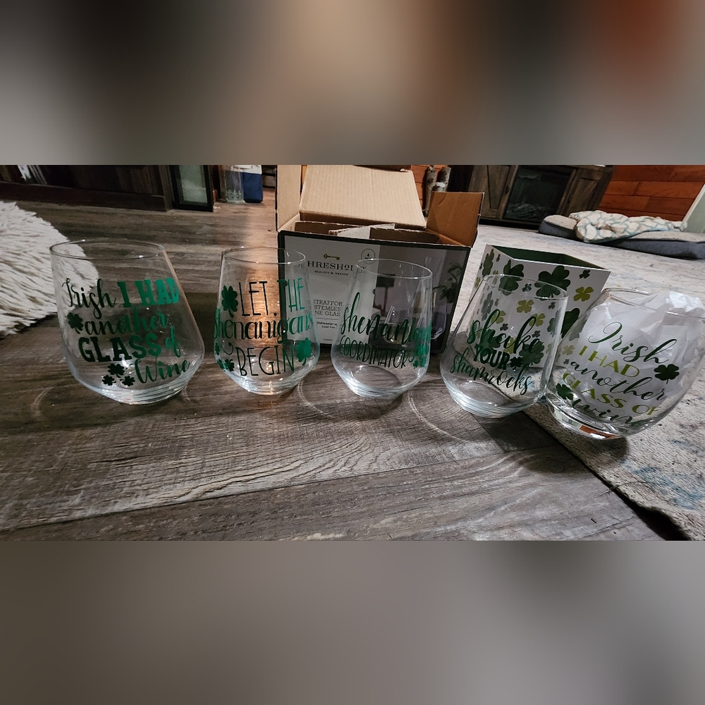 Set of Irish Themed Stemless Wine Glasses